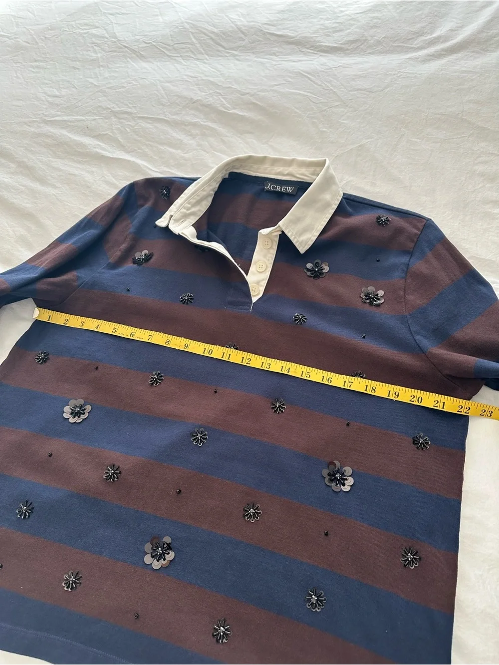 J. Crew striped rugby style top in navy and burgundy, size large